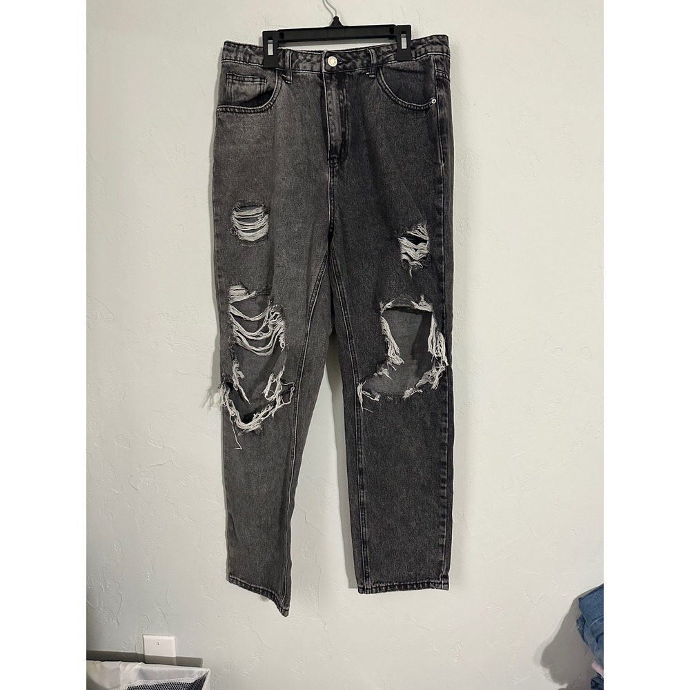 SHEIN Women Two Tone‎ Distressed Ripped Mom Jeans Black Grey Size L